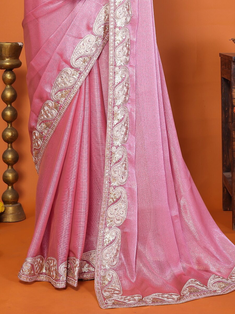 Pink Chiffon Embroidery Wedding Reception Party Festival Heavy Border Sarees