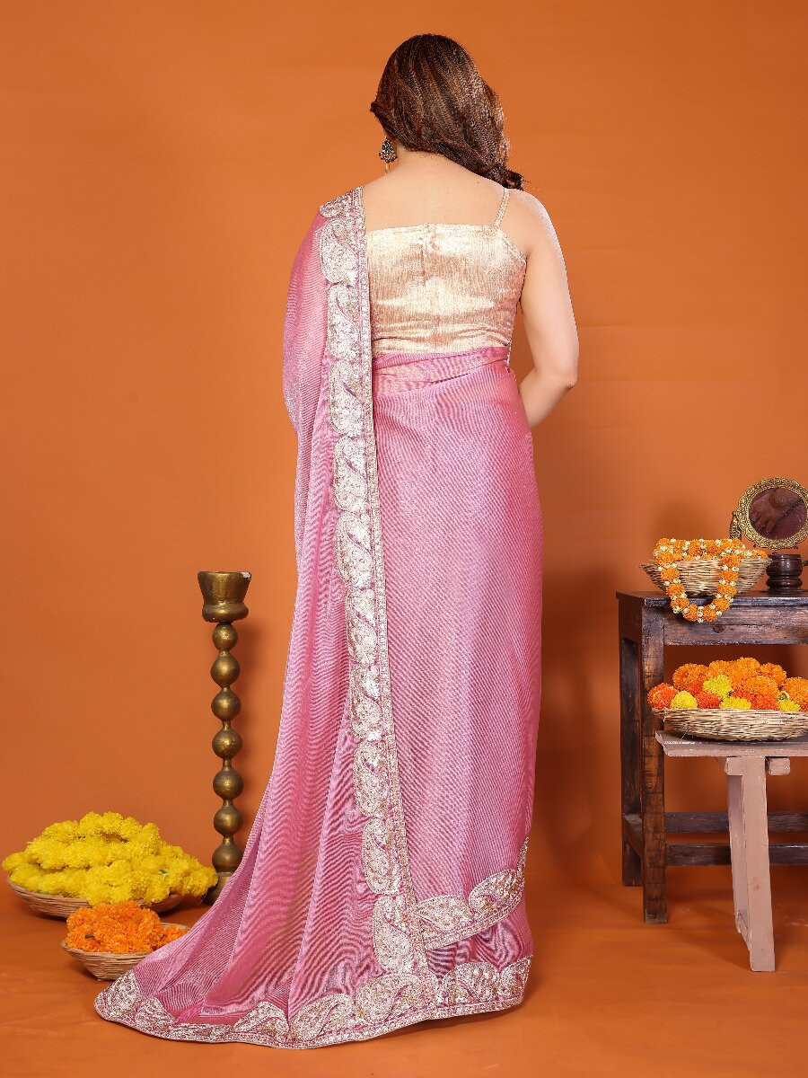 Pink Chiffon Embroidery Wedding Reception Party Festival Heavy Border Sarees