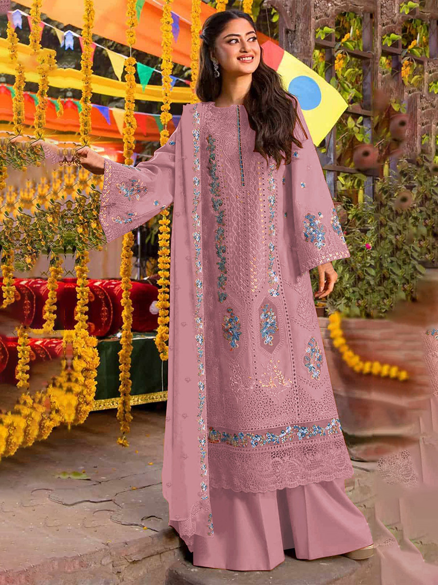 Pink Chiffon Embroidery Zari Sequins Wedding Party Festival Casual Palazzo Pant Salwar Kameez