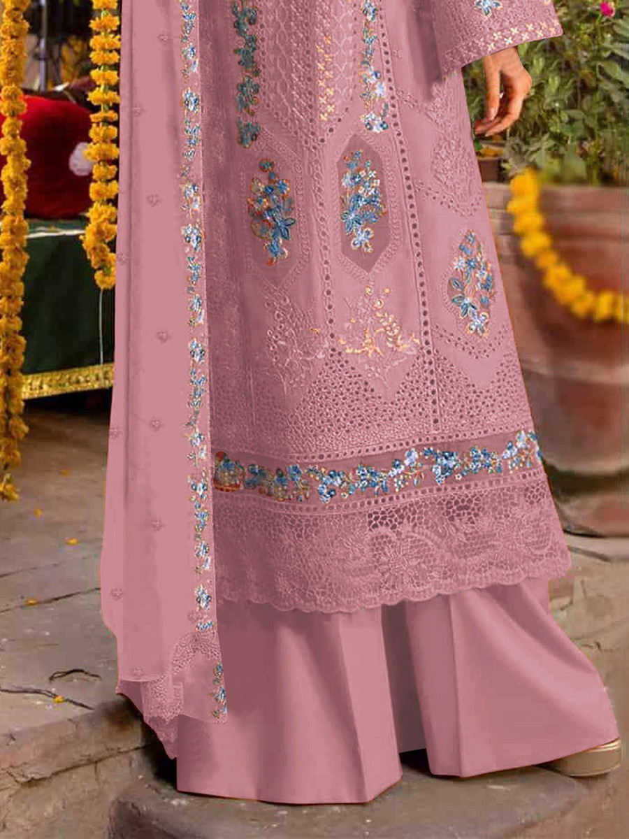 Pink Chiffon Embroidery Zari Sequins Wedding Party Festival Casual Palazzo Pant Salwar Kameez