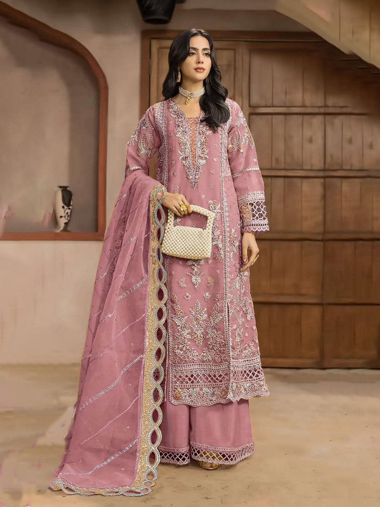 Image of Pink Chiffon Embroidery Zari Wedding Party Festival Casual Palazzo Pant Salwar Kameez