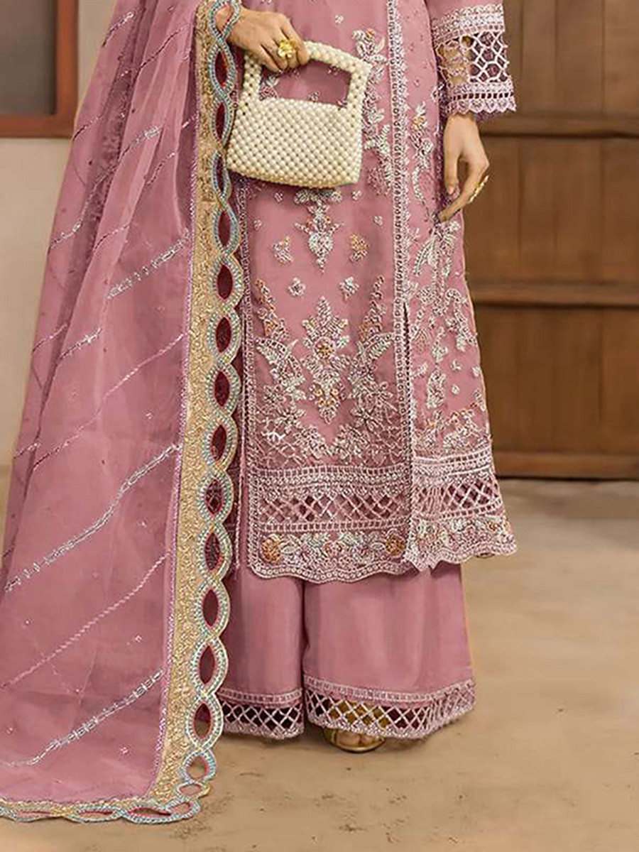 Pink Chiffon Embroidery Zari Wedding Party Festival Casual Palazzo Pant Salwar Kameez