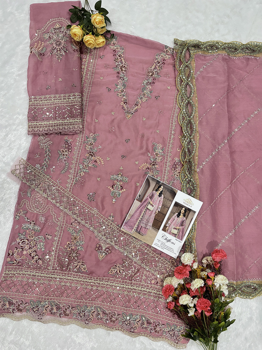 Pink Chiffon Embroidery Zari Wedding Party Festival Casual Palazzo Pant Salwar Kameez