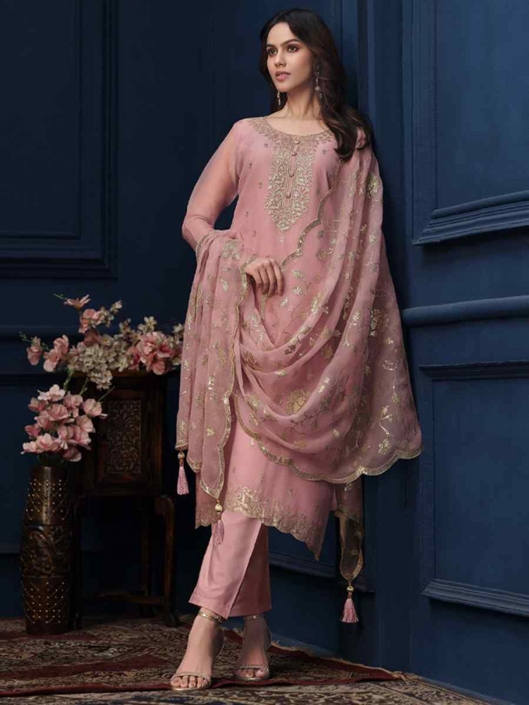 Pink Chiffon Organza Embroidered Festival Wedding Pant Salwar Kameez