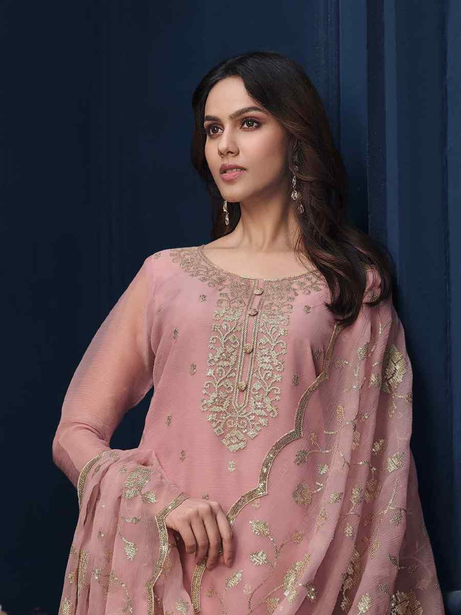 Pink Chiffon Organza Embroidered Festival Wedding Pant Salwar Kameez