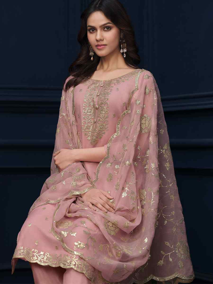 Pink Chiffon Organza Embroidered Festival Wedding Pant Salwar Kameez