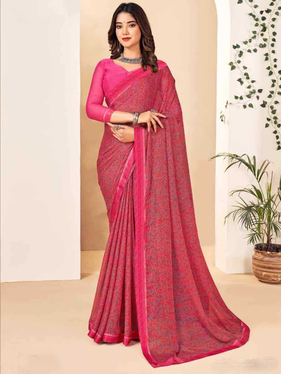 Pink Chiffon Printed Casual Festival Contemporary Saree