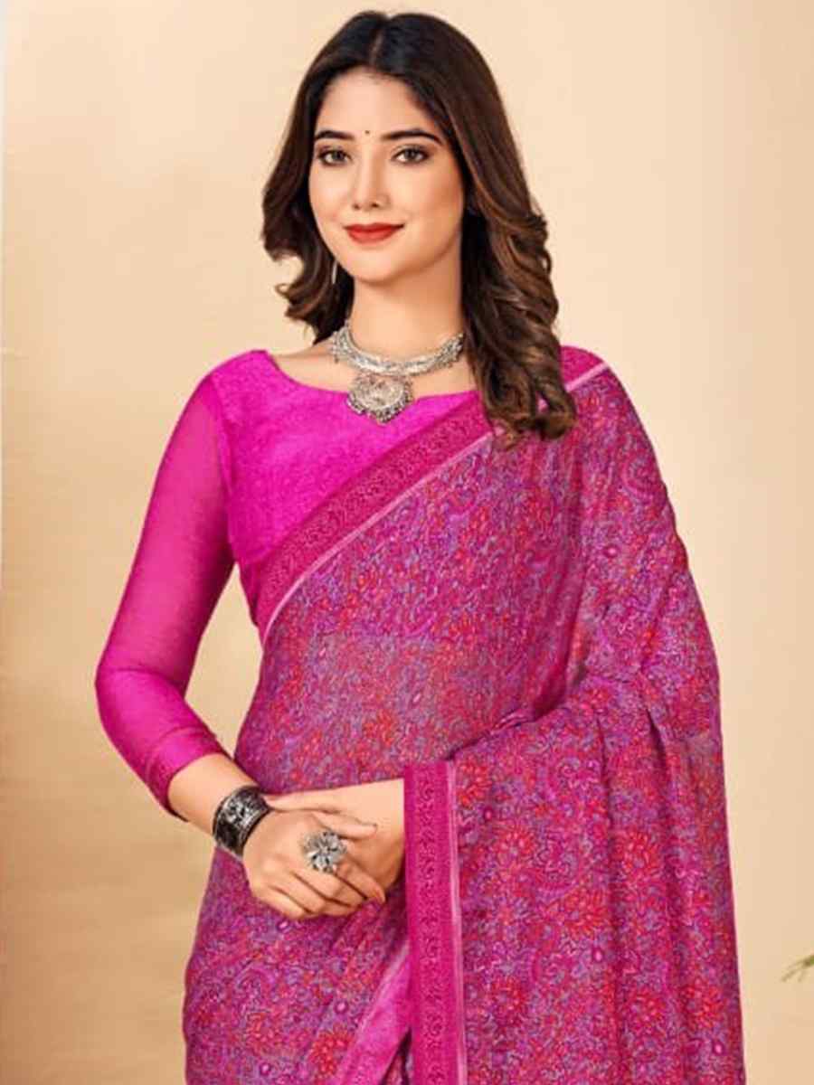 Pink Chiffon Printed Casual Festival Contemporary Saree
