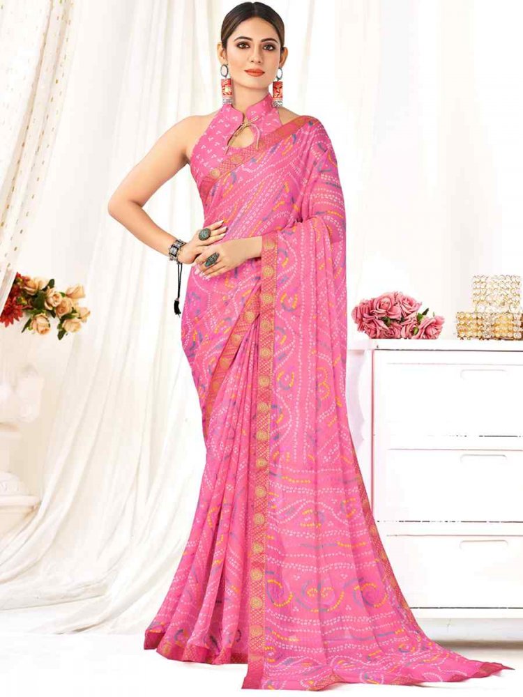 Pink Chiffon Printed Casual Festival Contemporary Saree