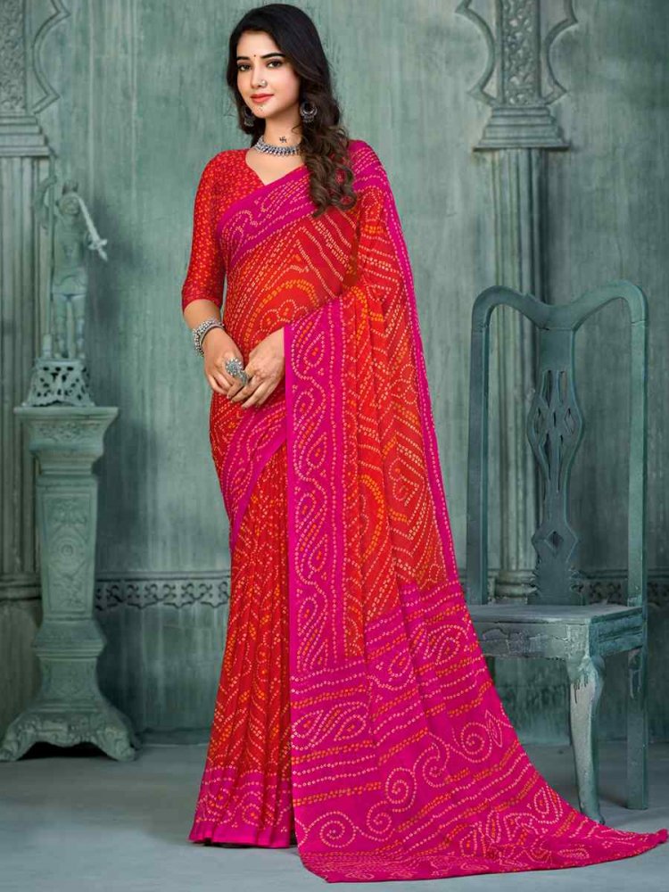 Pink Chiffon Printed Casual Festival Contemporary Saree