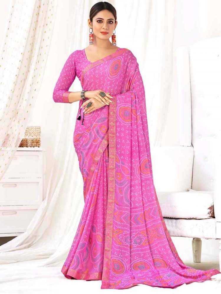 Pink Chiffon Printed Casual Festival Contemporary Saree