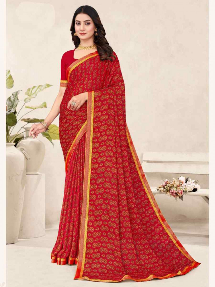 Image of Pink Chiffon Printed Festival Wedding Fancy Classic Style Sarees