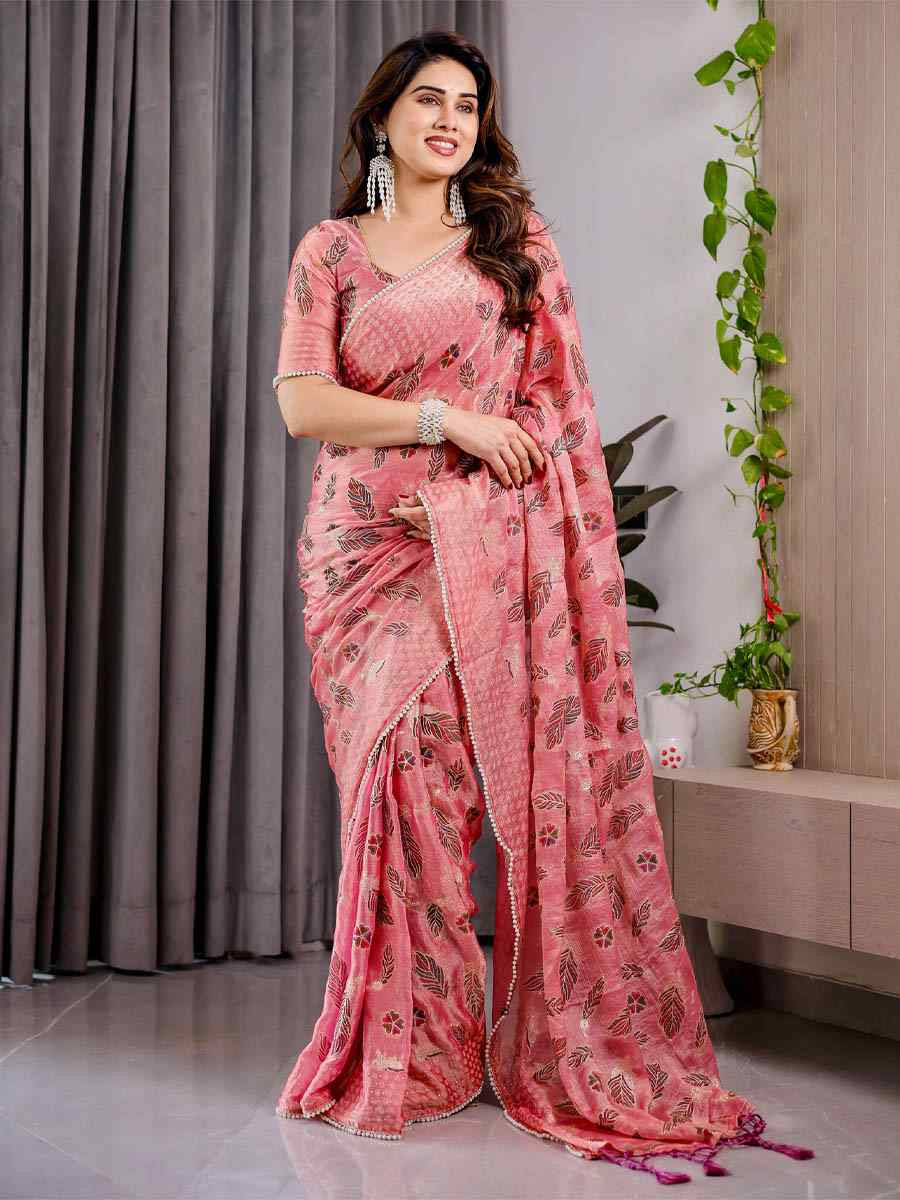 Pink Chiffon Printed Festival Wedding Fancy Heavy Border Saree