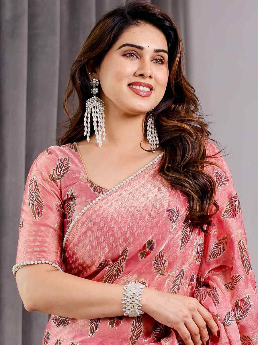 Pink Chiffon Printed Festival Wedding Fancy Heavy Border Saree