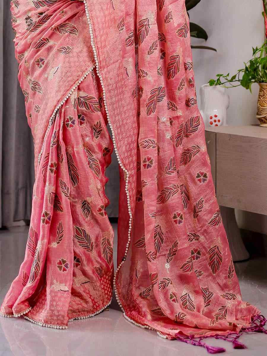 Pink Chiffon Printed Festival Wedding Fancy Heavy Border Saree