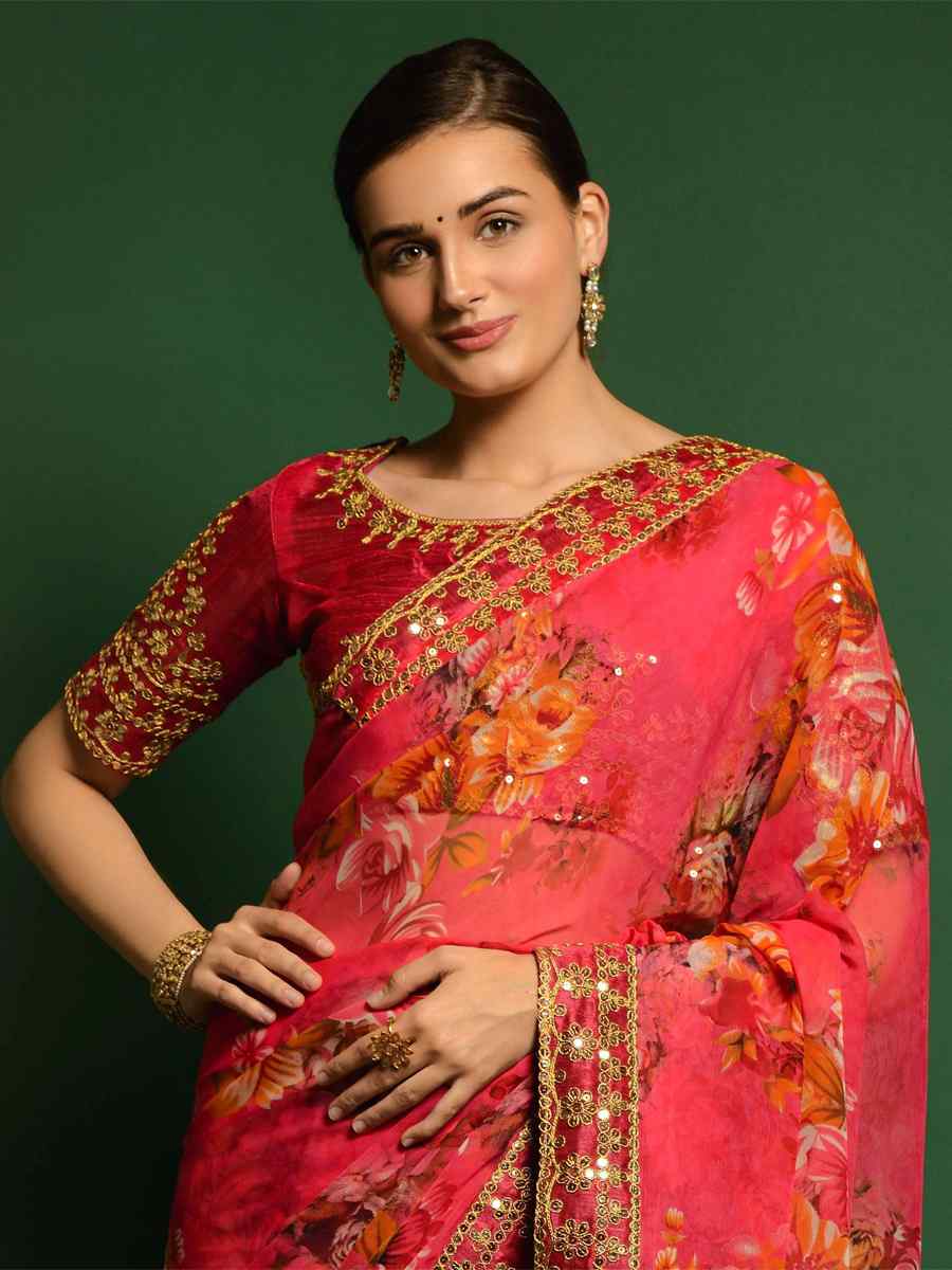 Pink Chiffon Printed Party Festival Classic Style Saree
