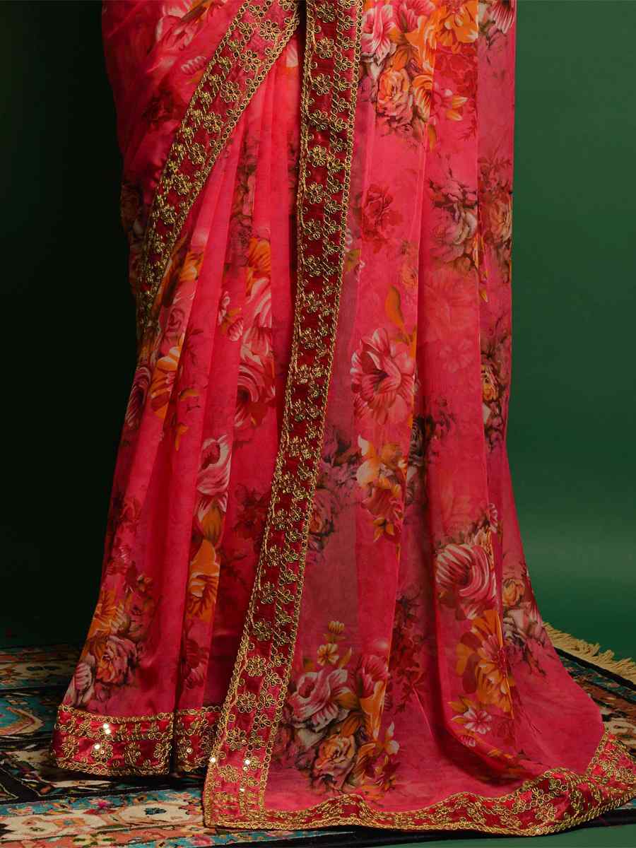 Pink Chiffon Printed Party Festival Classic Style Saree