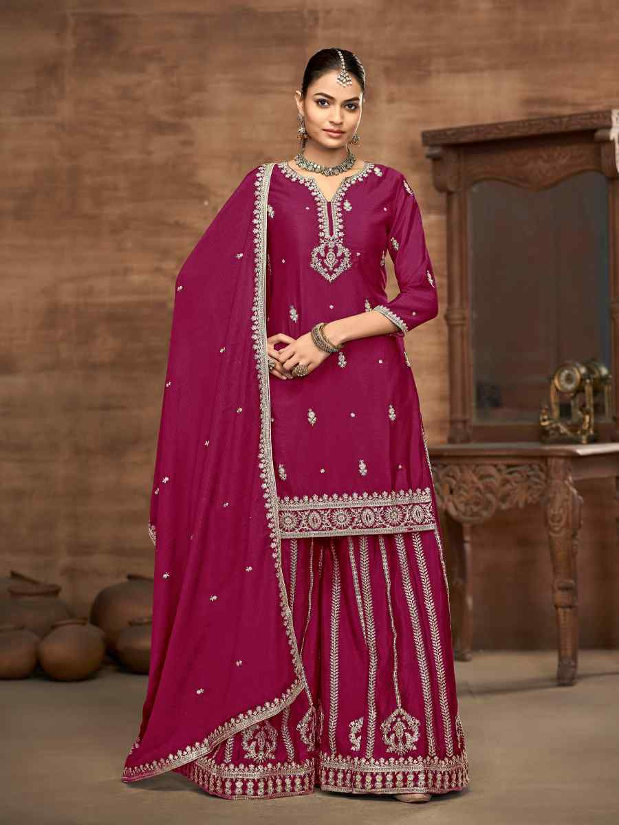 Pink Chinon Embroidered Festival Casual Ready Palazzo Salwar Kameez