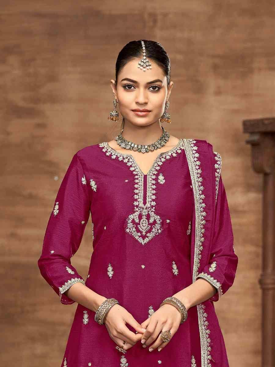 Pink Chinon Embroidered Festival Casual Ready Palazzo Salwar Kameez