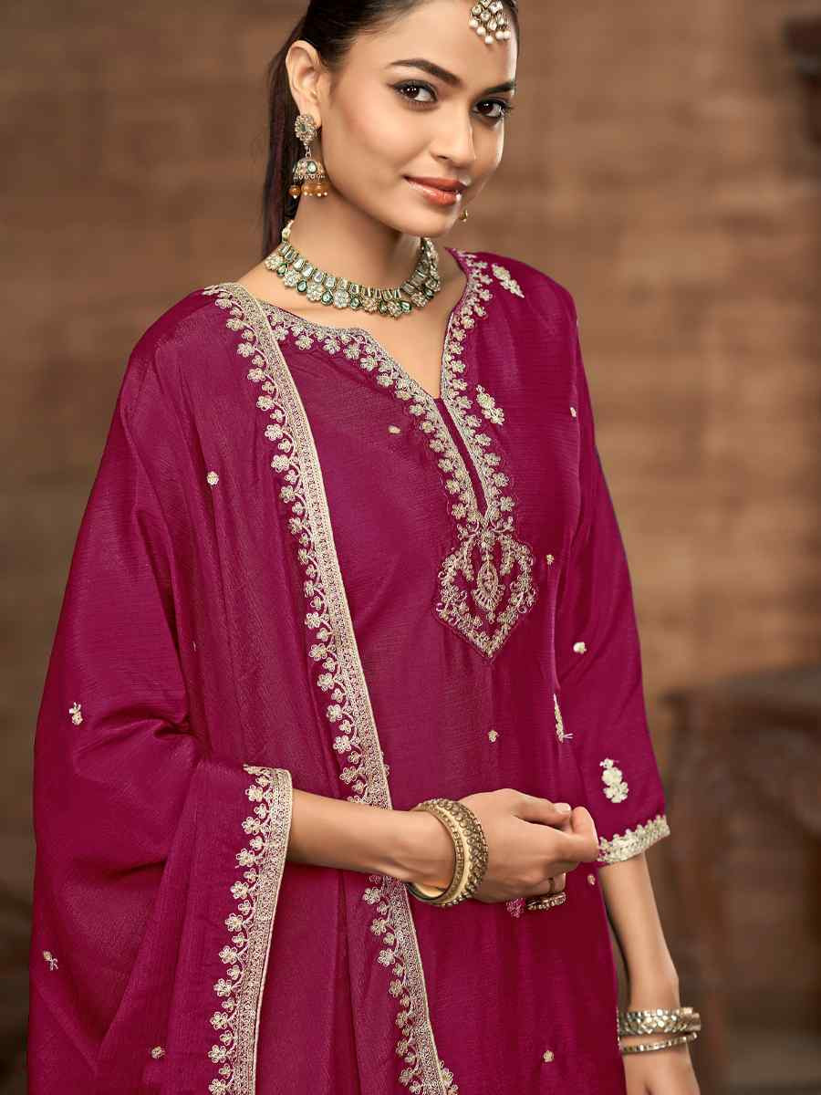 Pink Chinon Embroidered Festival Casual Ready Palazzo Salwar Kameez
