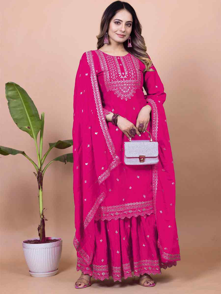 Pink Chinon Embroidered Festival Casual Ready Sharara Pant Salwar Kameez