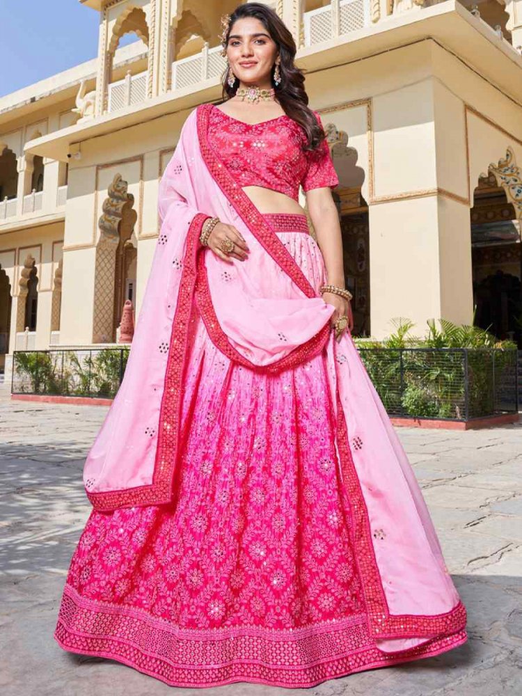 Pink Chinon Embroidered Festival Wedding Circular Lehenga Choli