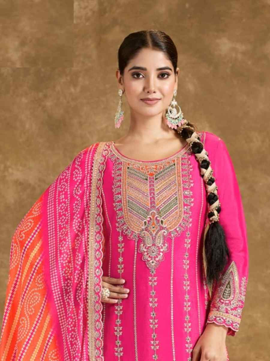 Pink Chinon Embroidered Festival Wedding Doti Pant Salwar Kameez