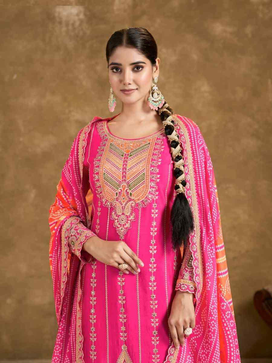 Pink Chinon Embroidered Festival Wedding Doti Pant Salwar Kameez