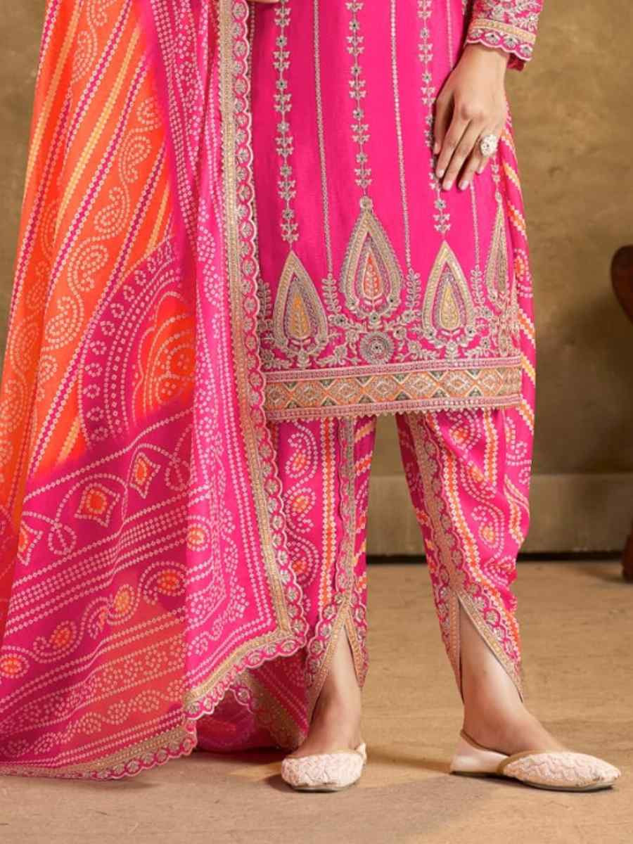 Pink Chinon Embroidered Festival Wedding Doti Pant Salwar Kameez
