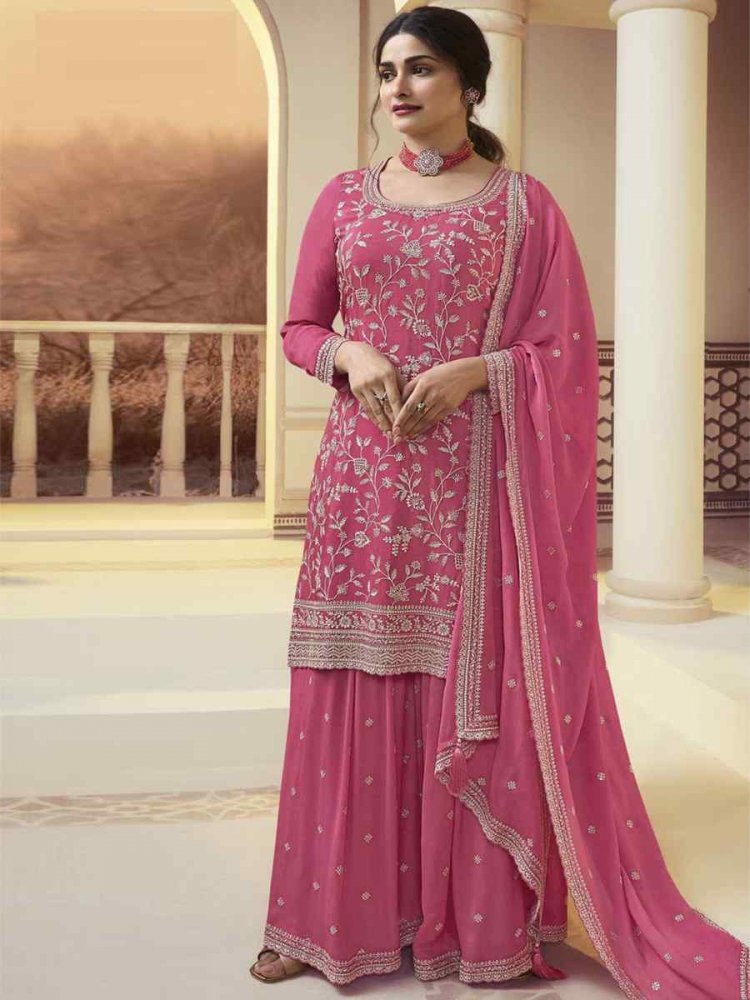 Pink Chinon Embroidered Festival Wedding Palazzo Pant Salwar Kameez