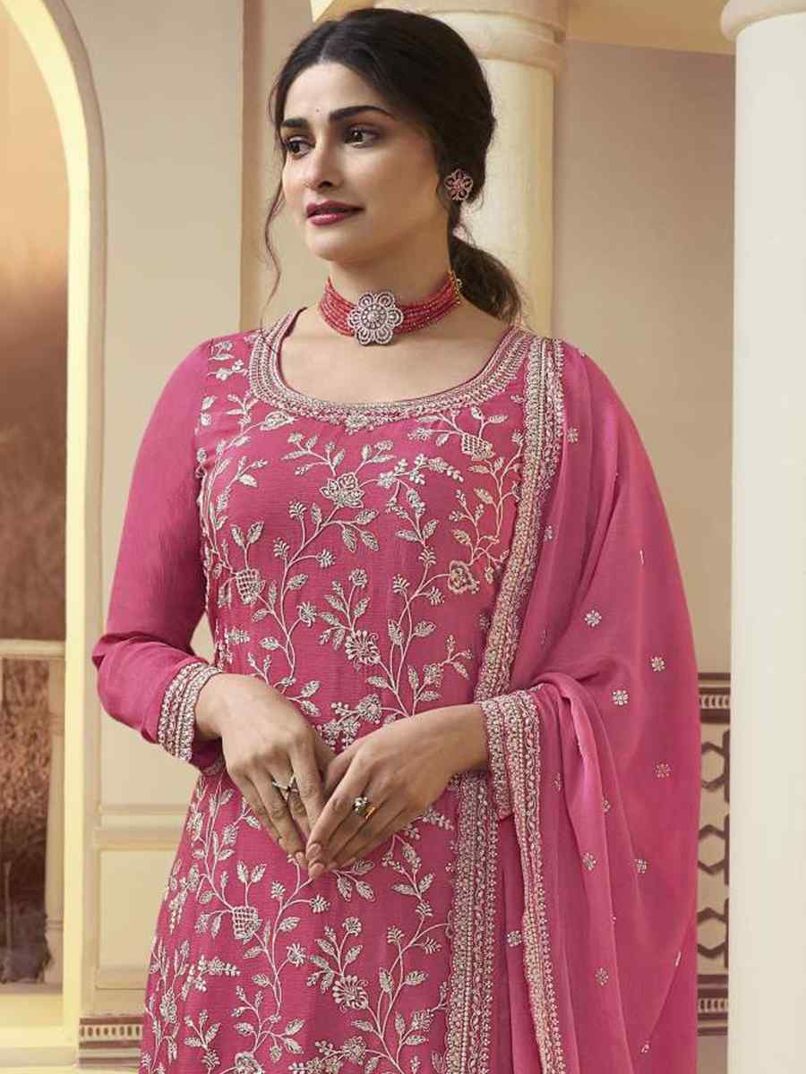 Pink Chinon Embroidered Festival Wedding Palazzo Pant Salwar Kameez