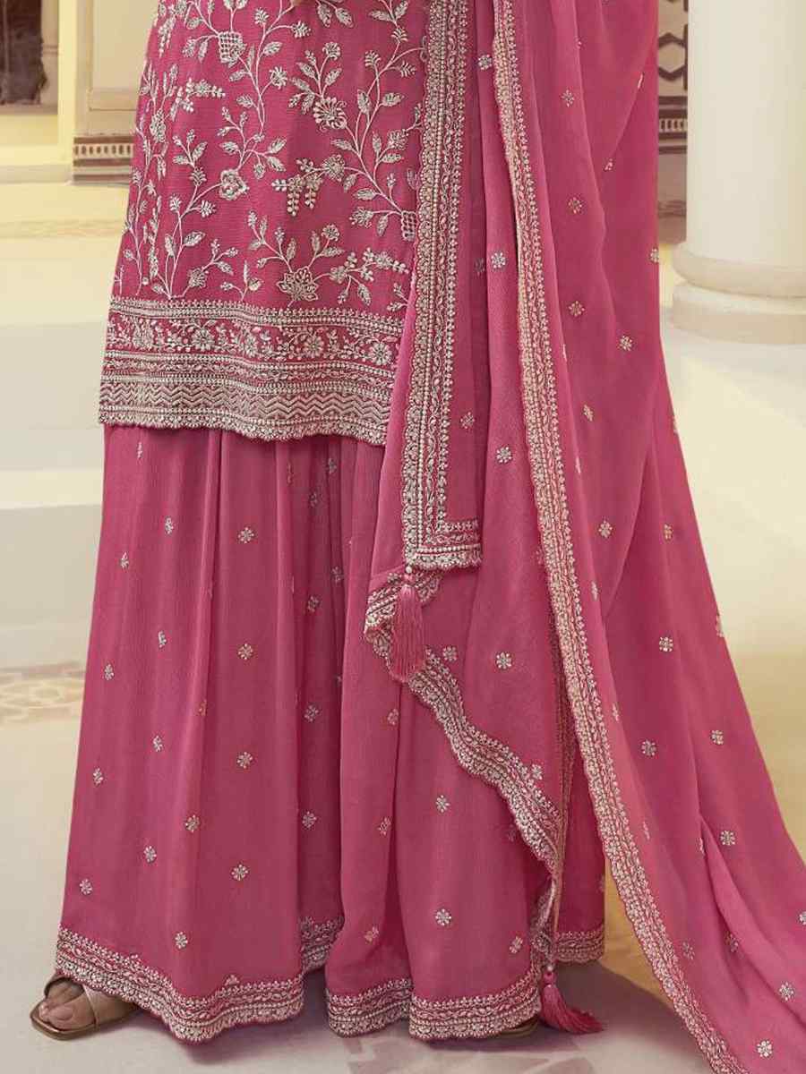 Pink Chinon Embroidered Festival Wedding Palazzo Pant Salwar Kameez