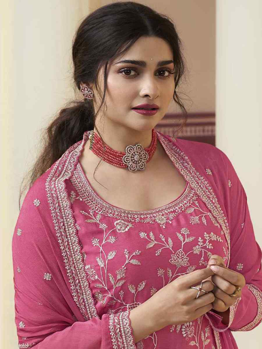 Pink Chinon Embroidered Festival Wedding Palazzo Pant Salwar Kameez