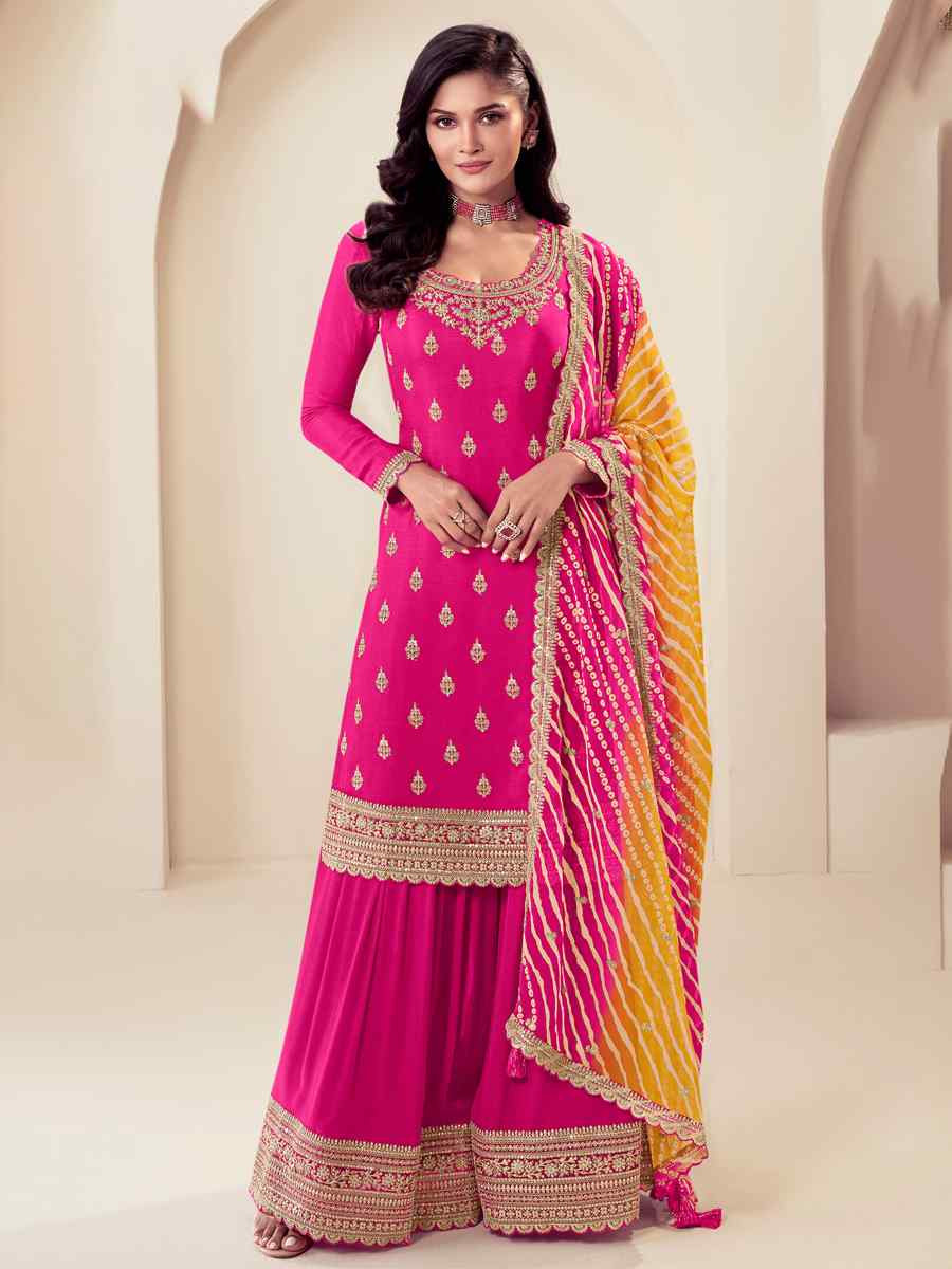Pink Chinon Embroidered Festival Wedding Palazzo Pant Salwar Kameez