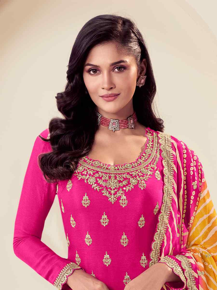 Pink Chinon Embroidered Festival Wedding Palazzo Pant Salwar Kameez
