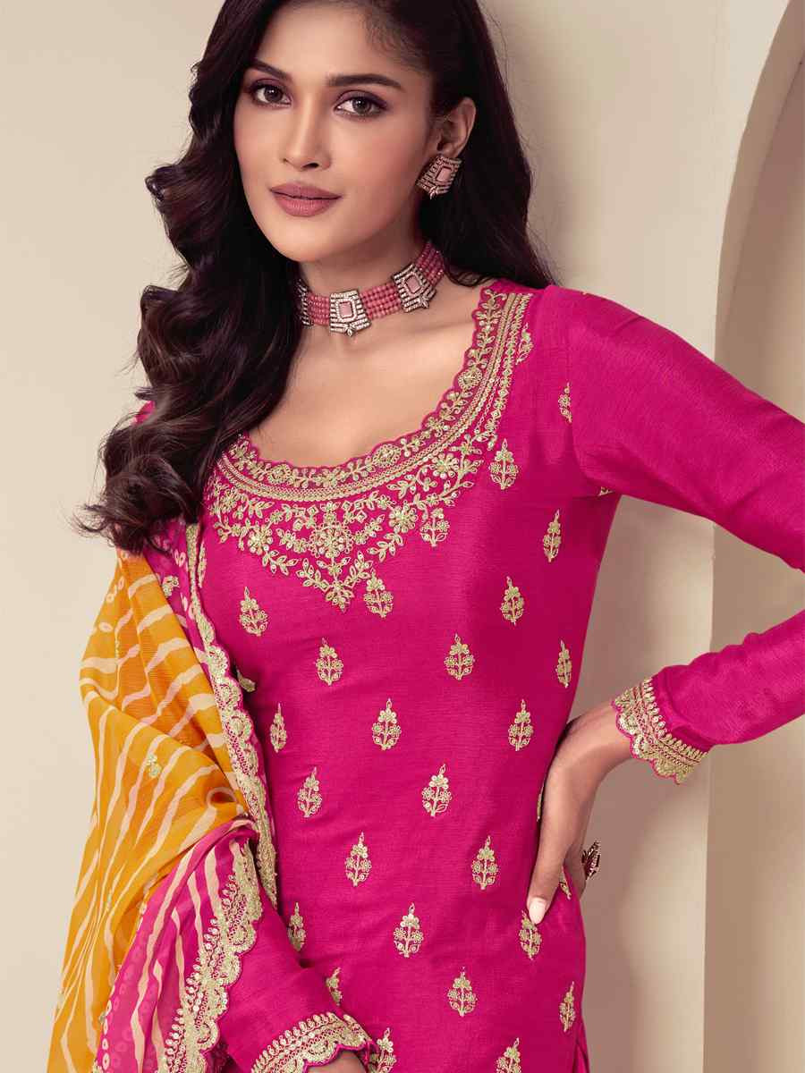 Pink Chinon Embroidered Festival Wedding Palazzo Pant Salwar Kameez