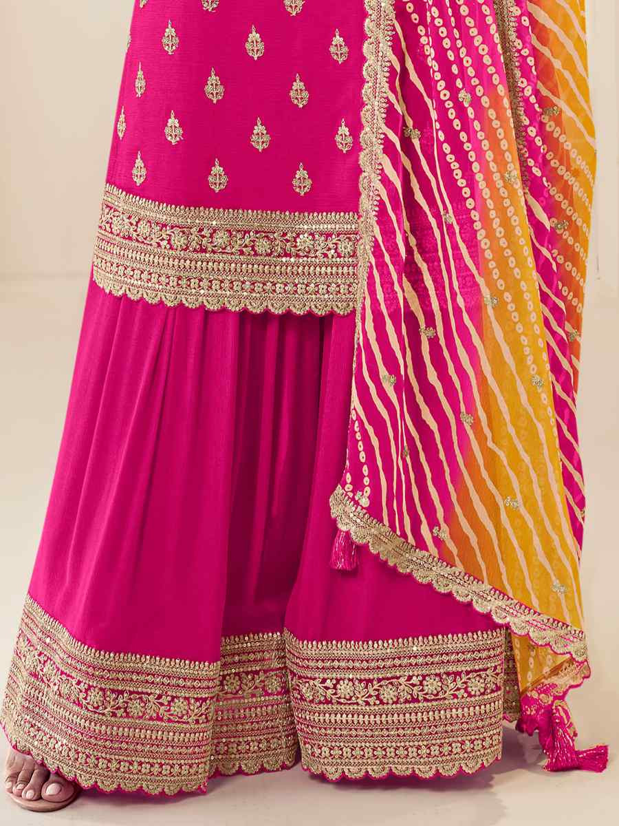 Pink Chinon Embroidered Festival Wedding Palazzo Pant Salwar Kameez