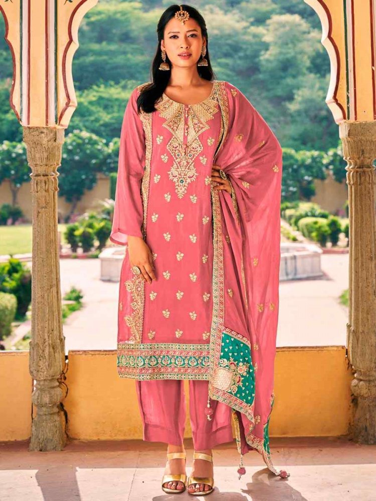 Pink Chinon Embroidered Festival Wedding Pant Salwar Kameez