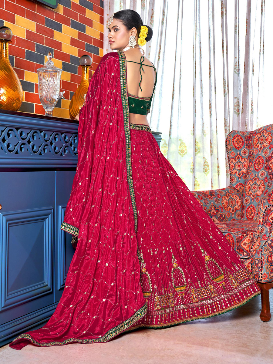 Pink Chinon Embroidered Festival Wedding Traditional Lehenga Choli