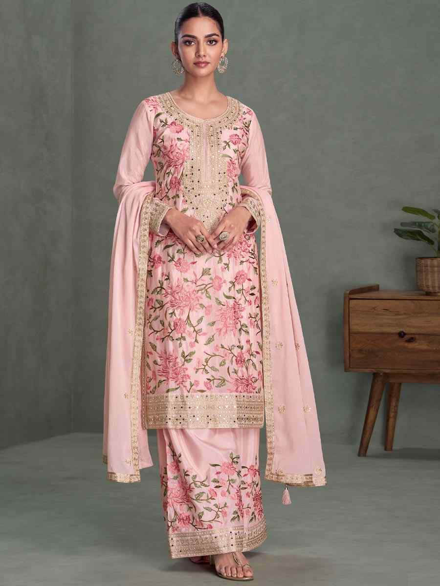 Pink Chinon Embroidered Party Wedding Ready Palazzo Pant Salwar Kameez