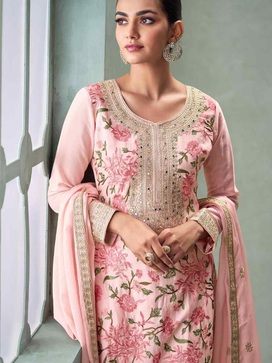 Pink Chinon Embroidered Party Wedding Ready Palazzo Pant Salwar Kameez