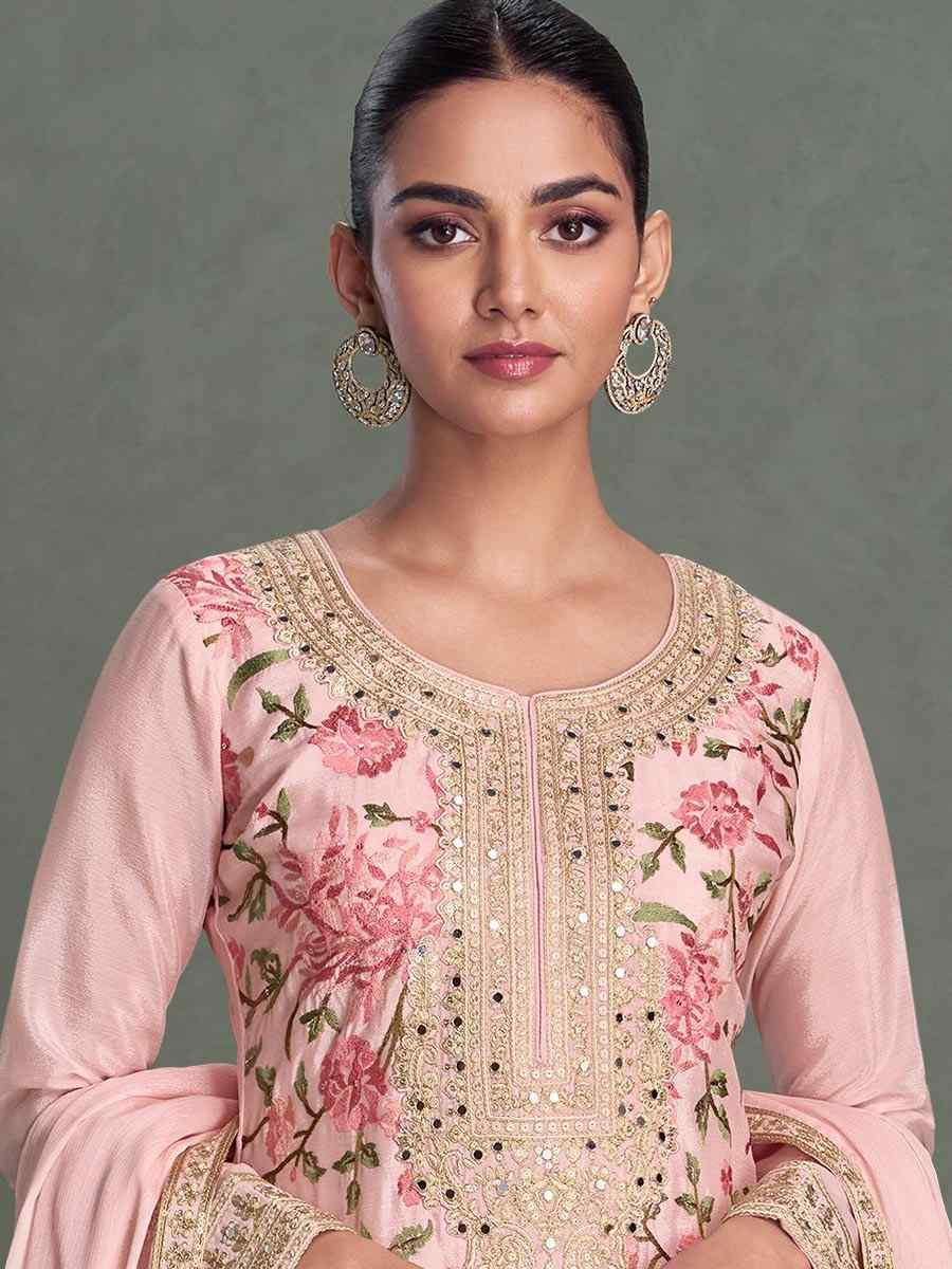 Pink Chinon Embroidered Party Wedding Ready Palazzo Pant Salwar Kameez