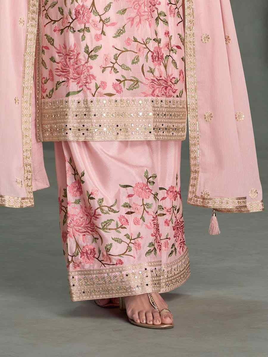 Pink Chinon Embroidered Party Wedding Ready Palazzo Pant Salwar Kameez