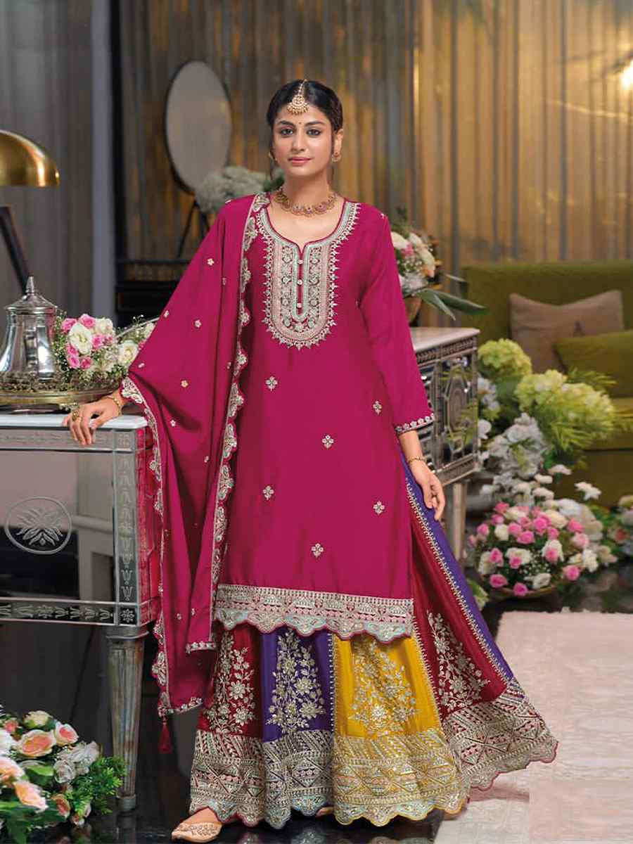 Pink Chinon Embroidered Reception Wedding Kurti Lehenga Choli