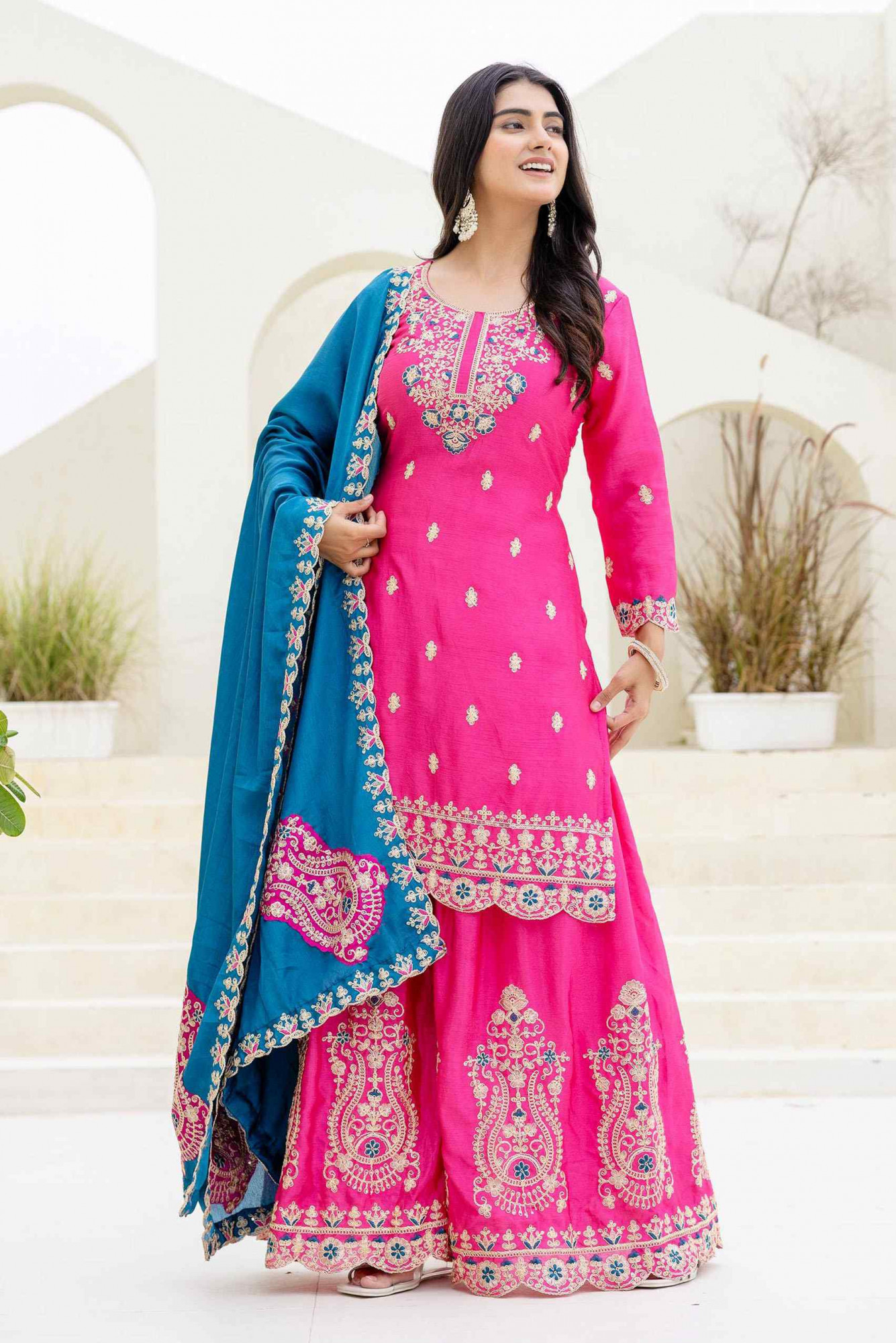 Pink Chinon Embroidery Party Wedding Festival Casual Ready Palazzo Pant Salwar Kameez