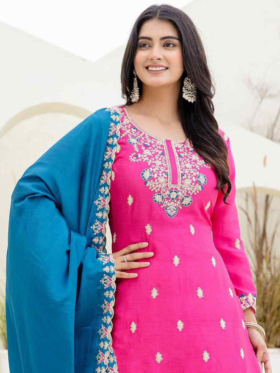 Pink Chinon Embroidery Party Wedding Festival Casual Ready Palazzo Pant Salwar Kameez