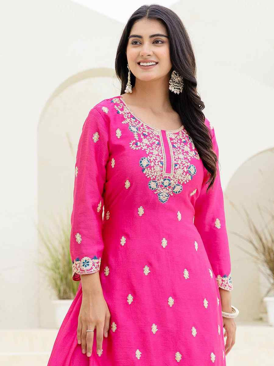 Pink Chinon Embroidery Party Wedding Festival Casual Ready Palazzo Pant Salwar Kameez