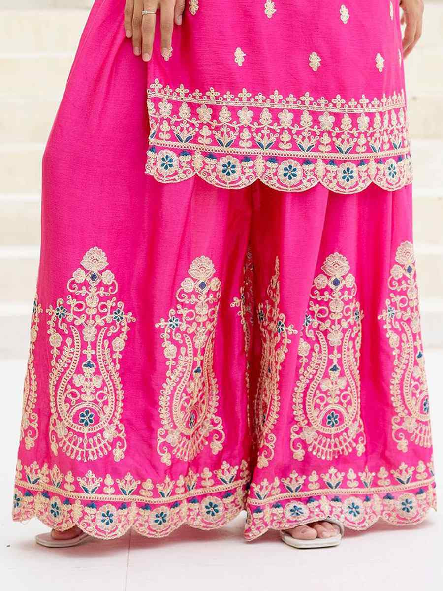 Pink Chinon Embroidery Party Wedding Festival Casual Ready Palazzo Pant Salwar Kameez