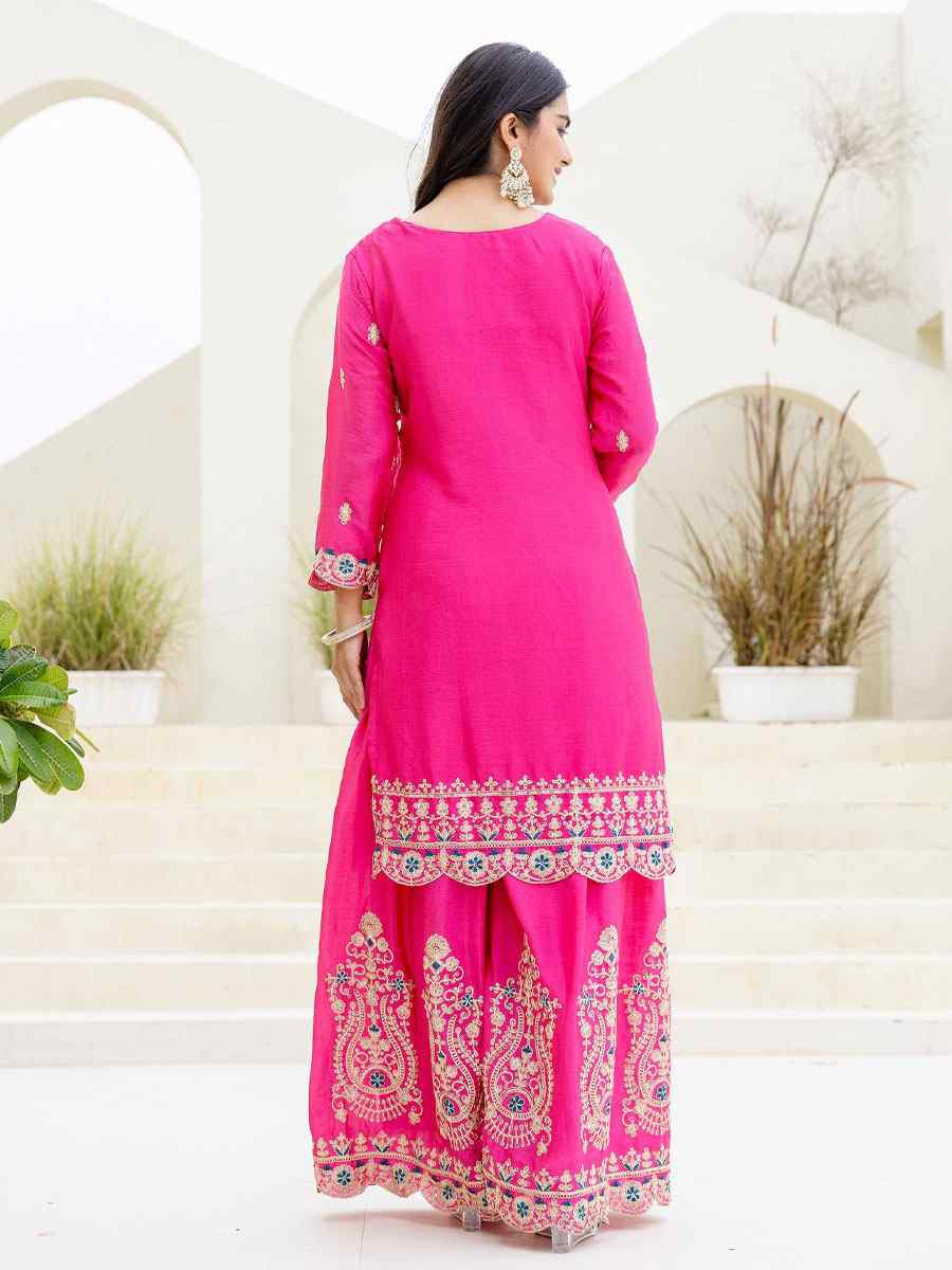 Pink Chinon Embroidery Party Wedding Festival Casual Ready Palazzo Pant Salwar Kameez