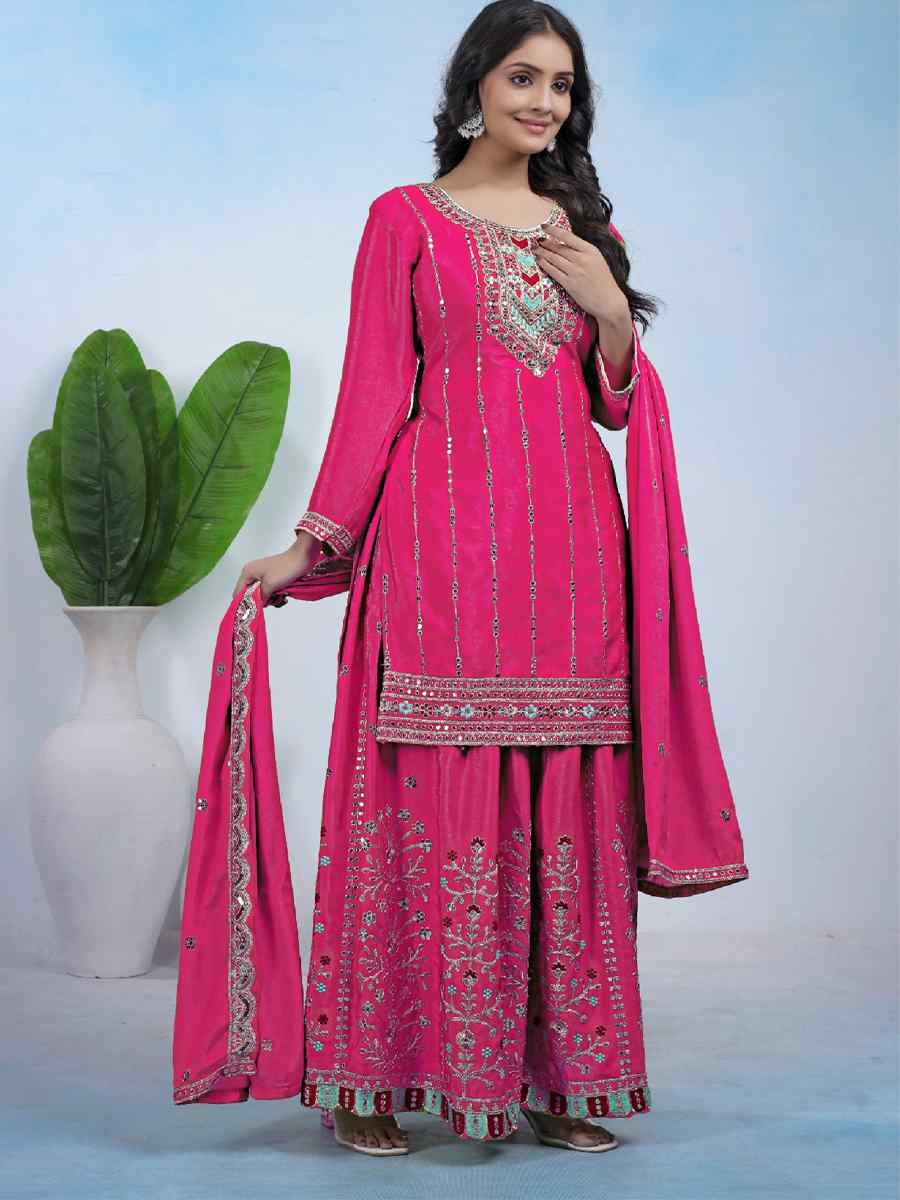 Pink Chinon Embroidery Party Wedding Festival Casual Ready Palazzo Pant Salwar Kameez